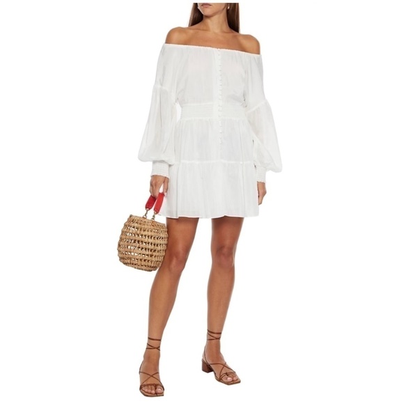 ALICE + OLIVIA Kiara Smocked Long Sleeve Button Front Dress in Off-white US 2 - Picture 2 of 10